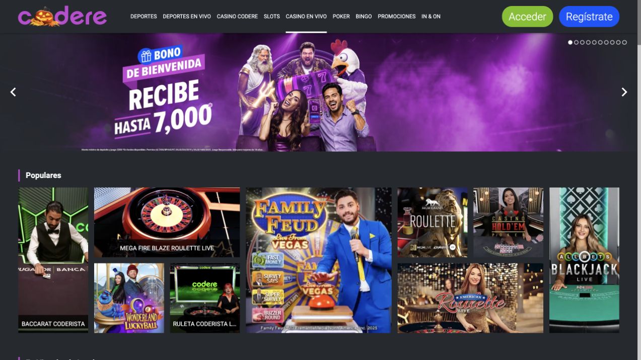 Ruleta Coderista dentro del catálogo público de casino en vivo de Codere México. Captura del 27 de octubre de 2026.